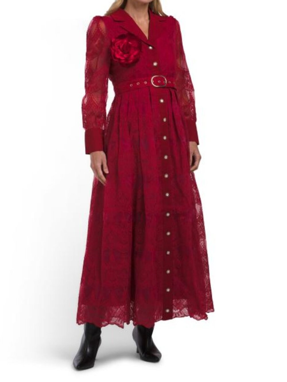DALIA MACPHEE Long Sleeve Lace 3d Floral Maxi Dress